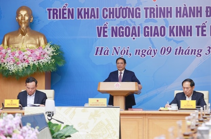 Thủ tướng Phạm Minh Chính phát biểu khai mạc Hội nghị triển khai Chương trình hành động của Chính phủ về ngoại giao kinh tế. (Ảnh: TTXVN)