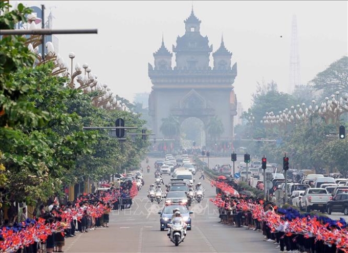 Quang cảnh Lễ đón Chủ tịch nước Võ Văn Thưởng sang thăm chính thức Lào. Ảnh: Thống Nhất/TTXVN