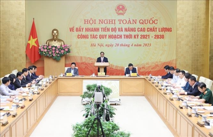 Thủ tướng Phạm Minh Chính chủ trì Hội nghị đẩy nhanh tiến độ công tác quy hoạch thời kỳ 2021-2030. Ảnh: Dương Giang/TTXVN