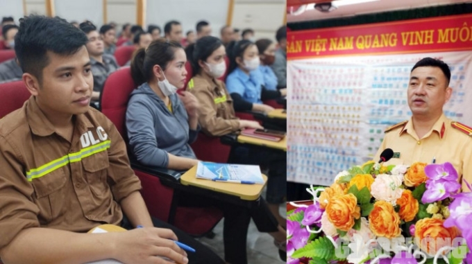 Cán bộ Đội CSGT-TT, Công an huyện Bảo Thắng tập huấn ATGT cho gần 500 công nhân Công ty TNHH MTV Hóa chất Đức Giang Lào Cai.