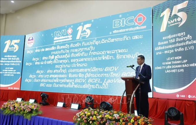 Ông Trần Hoài An, Tổng Giám đốc Tổng Công ty Bảo hiểm BIDV, Công ty mẹ của LVI phát biểu tại sự kiện. Ảnh: Bá Thành/Pv TTXVN tại Lào