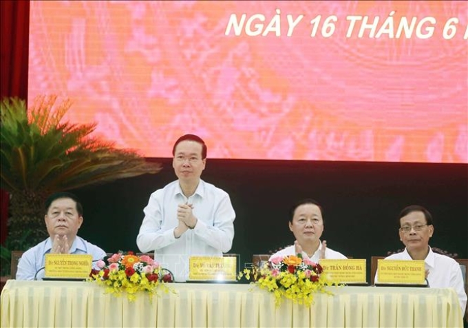 Chủ tịch nước Võ Văn Thưởng chủ trì buổi làm việc với Tỉnh ủy Ninh Thuận. Ảnh: Thống Nhất/TTXVN