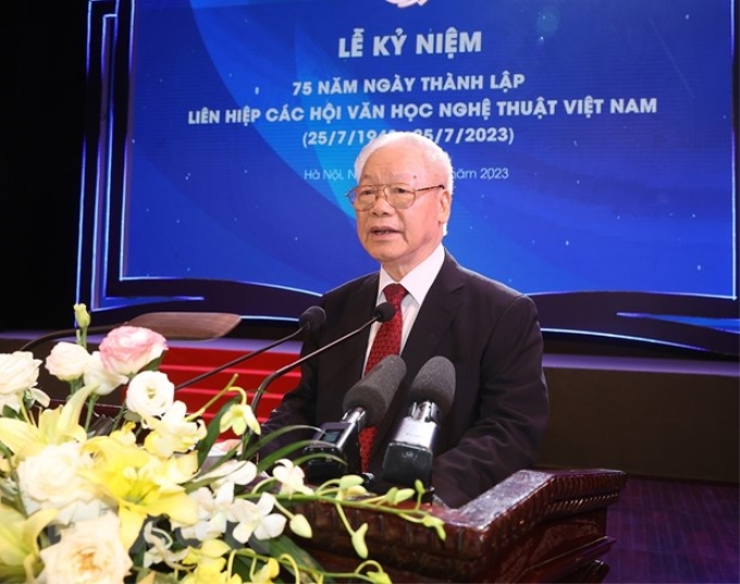 Tổng Bí thư Nguyễn Phú Trọng phát biểu tại lễ kỷ niệm. (Ảnh: TTXVN)