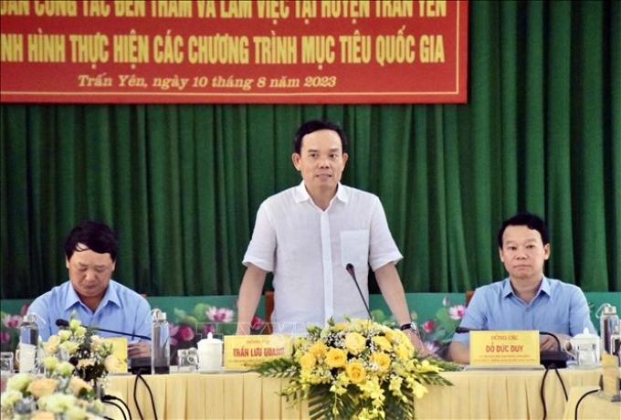 Phó Thủ tướng Trần Lưu Quang phát biểu tại buổi làm việc với tỉnh Yên Bái về tình hình thực hiện các chương trình mục tiêu quốc gia.