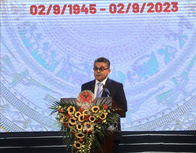 Ngài Saadi Salama, Đại sứ Palestine tại Việt Nam, Trưởng đoàn Ngoại giao phát biểu. Ảnh: Lâm Khánh/TTXVN