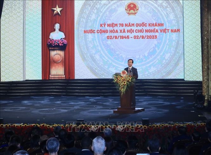 Chủ tịch nước Võ Văn Thưởng đọc diễn văn tại Chương trình kỷ niệm 78 năm ngày Quốc khánh nước CHXHCN Việt Nam. Ảnh: Lâm Khánh/TTXVN