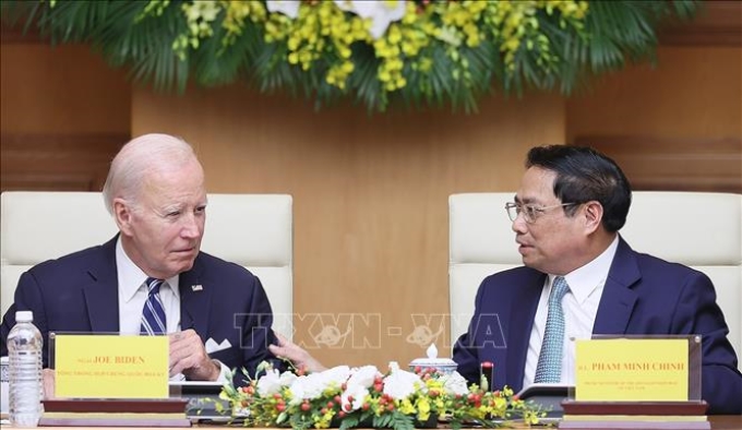 Thủ tướng Phạm Minh Chính và Tổng thống Joe Biden tại Hội nghị cấp cao Việt Nam - Hoa Kỳ về Đổi mới sáng tạo và Đầu tư. Ảnh: Dương Giang/TTXVN