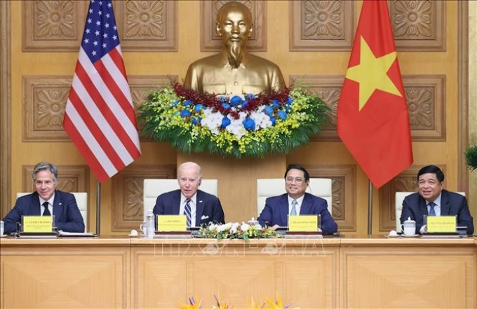 Thủ tướng Phạm Minh Chính và Tổng thống Hoa Kỳ Joe Biden dự Hội nghị cấp cao Việt Nam - Hoa Kỳ về Đổi mới sáng tạo và Đầu tư. Ảnh: Dương Giang/TTXVN
