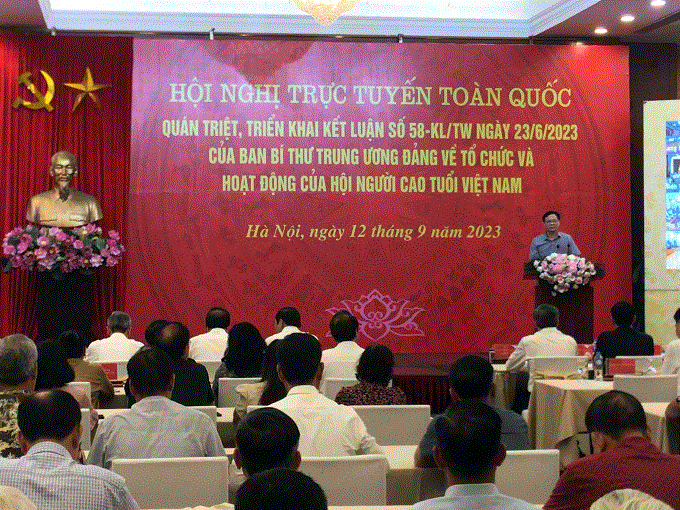 Quang cảnh hội nghị trực tuyến quán triệt, triển khai Kết luận số 58-KL/TW của Ban Bí thư về tổ chức và hoạt động của Hội Người cao tuổi Việt Nam.