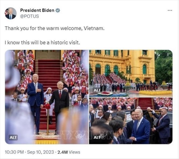 Bài đăng trên mạng xã hội X (trước đây là Twitter) của Tổng thống Hoa Kỳ Joe Biden. Ảnh: TTXVN phát