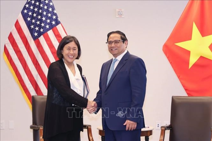 Thủ tướng Phạm Minh Chính tiếp Đại diện Thương mại Hoa Kỳ Katherine Tai. Ảnh: Dương Giang/TTXVN