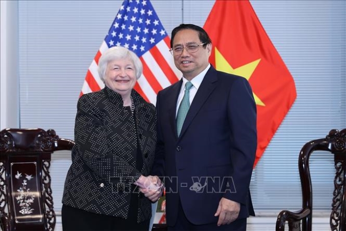Thủ tướng Phạm Minh Chính tiếp Bộ trưởng Tài chính Hoa Kỳ Janet Yellen. Ảnh: Dương Giang/TTXVN