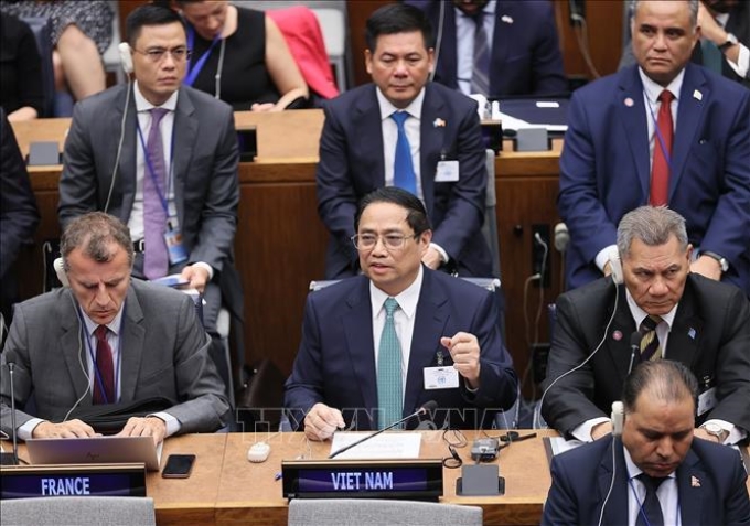 Thủ tướng Phạm Minh Chính phát biểu tại Hội nghị thượng đỉnh Tham vọng khí hậu của Liên hợp quốc. Ảnh: Dương Giang/TTXVN