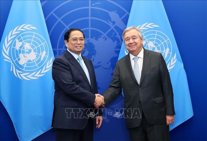 Thủ tướng Phạm Minh Chính gặp Tổng thư ký Liên hợp quốc Antonio Guterres. Ảnh: Dương Giang/TTXVN