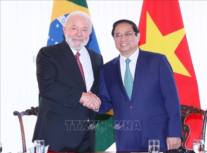 Thủ tướng Phạm Minh Chính với Tổng thống Brazil Lula da Silva. Ảnh: Dương Giang/TTXVN