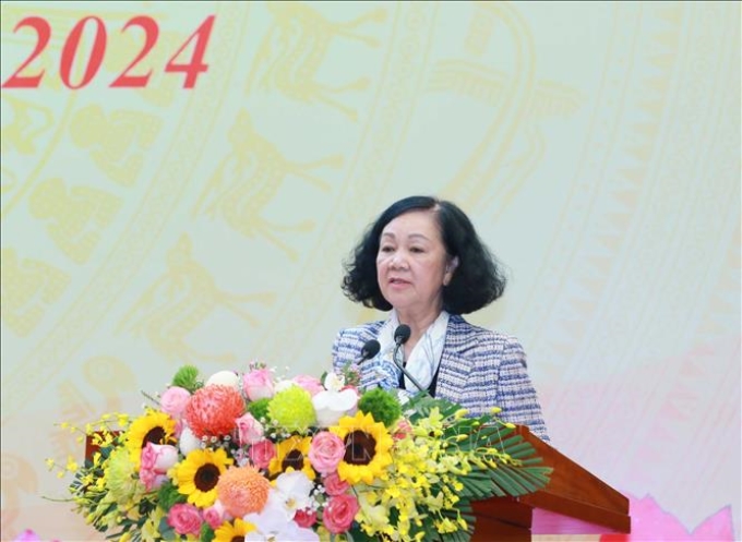 Đồng chí Trương Thị Mai, Ủy viên Bộ Chính trị, Thường trực Ban Bí thư, Trưởng Ban Tổ chức Trung ương phát biểu chỉ đạo Hội nghị. (Ảnh: TTXVN)