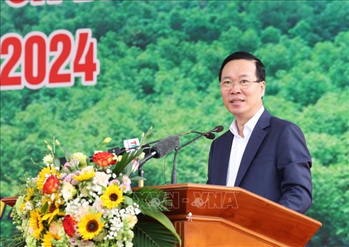 Chủ tịch nước Võ Văn Thưởng phát biểu tại Lễ phát động Tết trồng cây “Đời đời nhớ ơn Bác Hồ” Xuân Giáp Thìn 2024. (Ảnh: TTXVN)