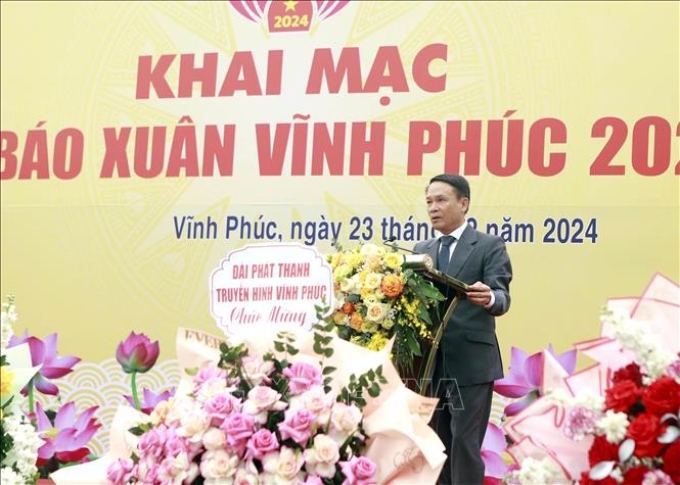 Phó Chủ tịch Thường trực Hội Nhà báo Việt Nam Nguyễn Đức Lợi phát biểu tại Hội báo Xuân Vĩnh Phúc 2024. Ảnh: Hoàng Hùng/TTXVN