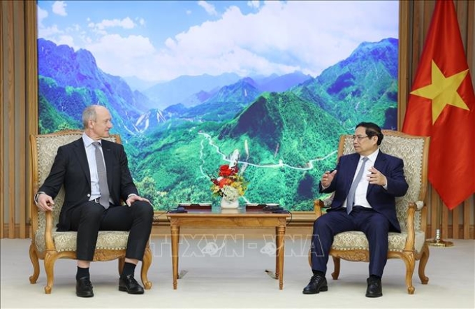 Thủ tướng Phạm Minh Chính tiếp ông Roland Busch, Chủ tịch kiêm Tổng Giám đốc Tập đoàn Siemens. (Ảnh: TTXVN)