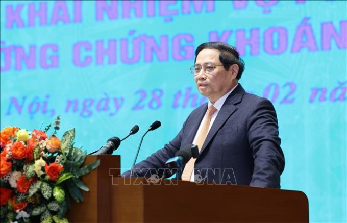 Thủ tướng Phạm Minh Chính phát biểu chỉ đạo Hội nghị triển khai nhiệm vụ phát triển thị trường chứng khoán năm 2024. (Ảnh: TTXVN)