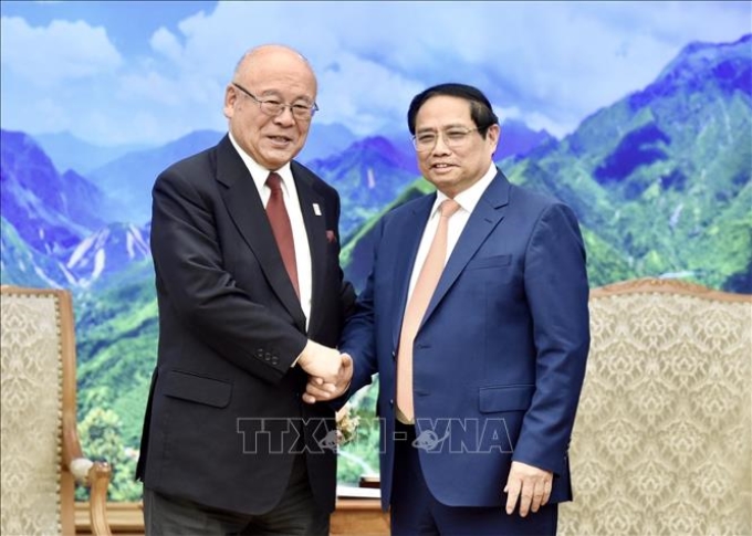 Thủ tướng Phạm Minh Chính tiếp ông Takebe Tsutomu, Cố vấn đặc biệt Liên minh Nghị sĩ hữu nghị Nhật Bản - Việt Nam. (Ảnh: TTXVN)