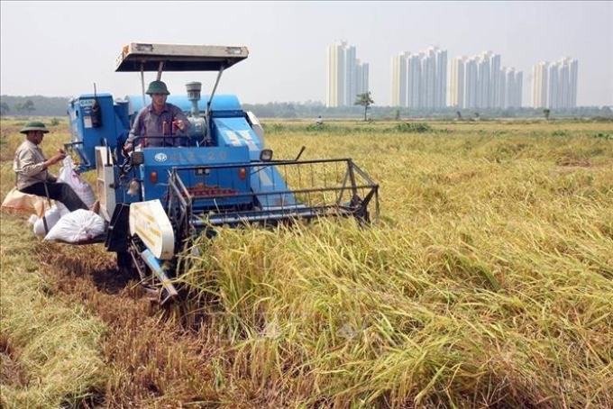 Cơ giới hóa đồng bộ trong sản xuất nông nghiệp, giảm chi phí, tăng năng suất lao động theo tiêu chí xây dựng nông thôn mới ở xã Đa Tốn, huyện Gia Lâm, Hà Nội. Ảnh tư liệu: TTXVN