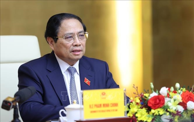 Thủ tướng Phạm Minh Chính phát biểu tại buổi tiếp các doanh nghiệp của Hội đồng Kinh doanh Hoa Kỳ - ASEAN. (Ảnh: TTXVN)