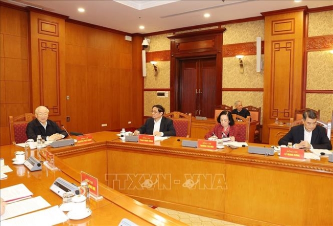 Tổng Bí thư Nguyễn Phú Trọng, Trưởng Tiểu ban Nhân sự Đại hội XIV của Đảng chủ trì phiên họp đầu tiên của Tiểu ban, sáng 13/3/2024. (Ảnh: TTXVN)