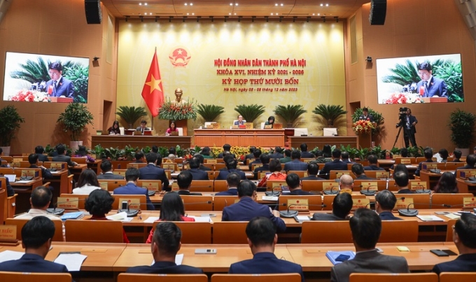 Kỳ họp thứ 14 HĐND Thành phố Hà Nội khoá XVI nhiệm kỳ 2021-2026 khai mạc sáng 5/12/2023. (Ảnh: TTXVN)
