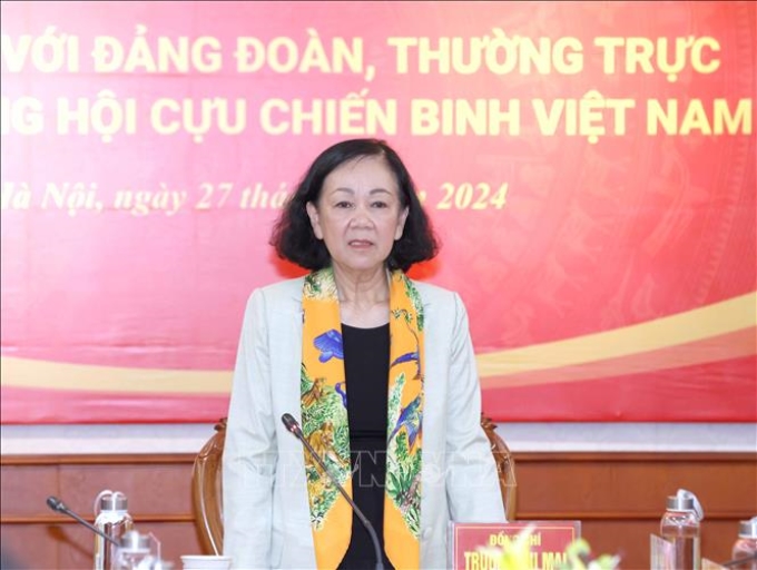 Đồng chí Trương Thị Mai, Uỷ viên Bộ Chính trị, Thường trực Ban Bí thư, Trưởng Ban Tổ chức Trung ương phát biểu chỉ đạo. (Ảnh: TTXVN)