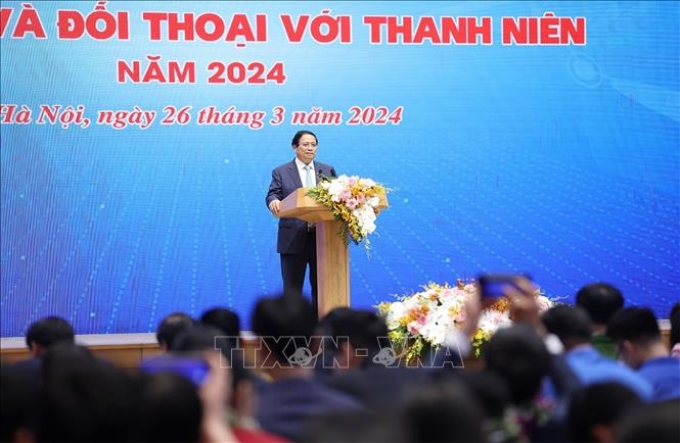 Thủ tướng Phạm Minh Chính phát biểu tại cuộc đối thoại với thanh niên năm 2024. (Ảnh: TTXVN)