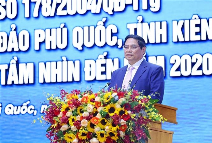 Thủ tướng Phạm Minh Chính phát biểu tại Hội nghị tổng kết Quyết định số 178 về phát triển tổng thể đảo Phú Quốc. (Ảnh: TTXVN)