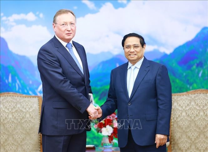 Thủ tướng Phạm Minh Chính tiếp ông Kudryashov, Tổng giám đốc Công ty dầu khí Zarubezhneft (LB Nga). (Ảnh: TTXVN)