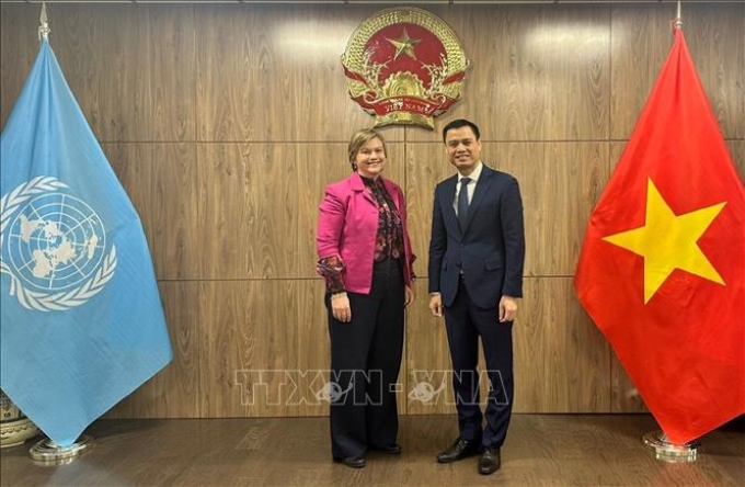 Đại sứ, Trưởng Phái đoàn Đặng Hoàng Giang tiếp bà Rana Flowers, Trưởng đại diện Quỹ Nhi đồng LHQ (UNICEF) tại Việt Nam. (Ảnh: TTXVN)