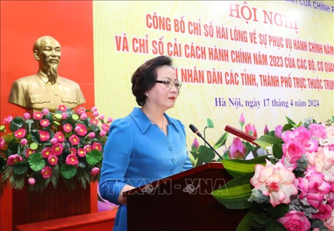 Bộ trưởng Bộ Nội vụ Phạm Thị Thanh Trà, Phó Trưởng ban Chỉ đạo cải cách hành chính của Chính phủ phát biểu. (Ảnh: TTXVN)