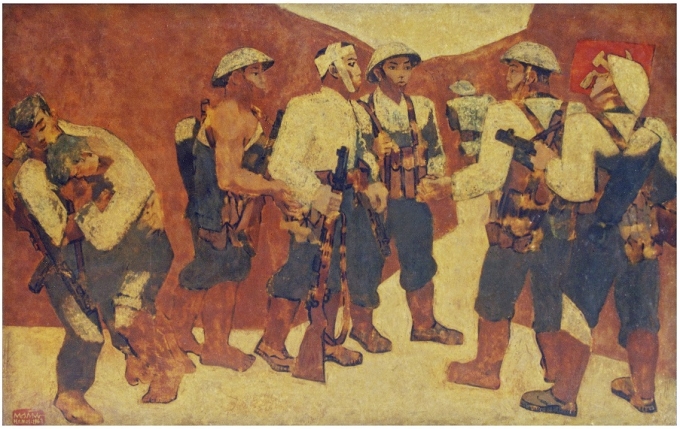Tác phẩm "Kết nạp Đảng ở Điện Biên Phủ" của họa sĩ Nguyễn Sáng. (Ảnh: Bảo tàng Mỹ thuật Việt Nam)