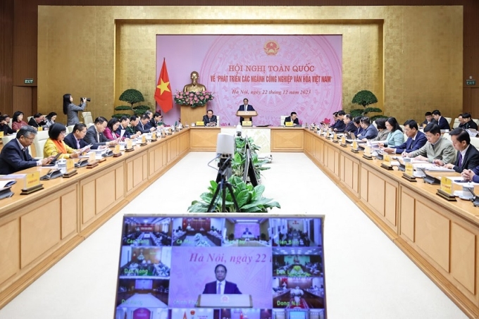 Thủ tướng Chính phủ Phạm Minh Chính chủ trì Hội nghị toàn quốc về phát triển các ngành công nghiệp văn hóa Việt Nam, ngày 22/12/2023.
