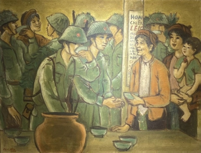 Tác phẩm tranh sơn dầu "Tình quân dân" của họa sĩ Phạm Văn Đôn.