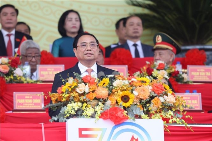 Thủ tướng Chính phủ Phạm Minh Chính đọc Diễn văn kỷ niệm 70 năm Chiến thắng Điện Biên Phủ. (Ảnh: TTXVN)