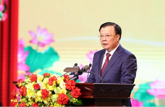 Ủy viên Bộ Chính trị, Bí thư Thành ủy Hà Nội Đinh Tiến Dũng trình bày Diễn văn Kỷ niệm 100 năm Ngày sinh đồng chí Đào Duy Tùng.
