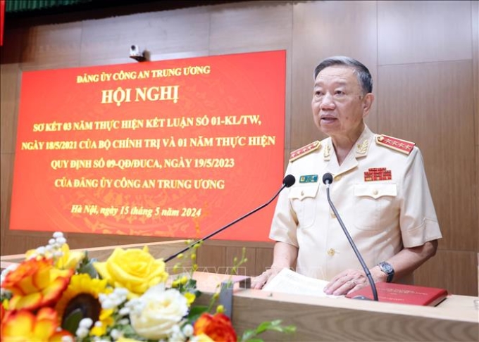 Đại tướng Tô Lâm, Ủy viên Bộ Chính trị, Bộ trưởng Bộ Công an phát biểu. (Ảnh: TTXVN)