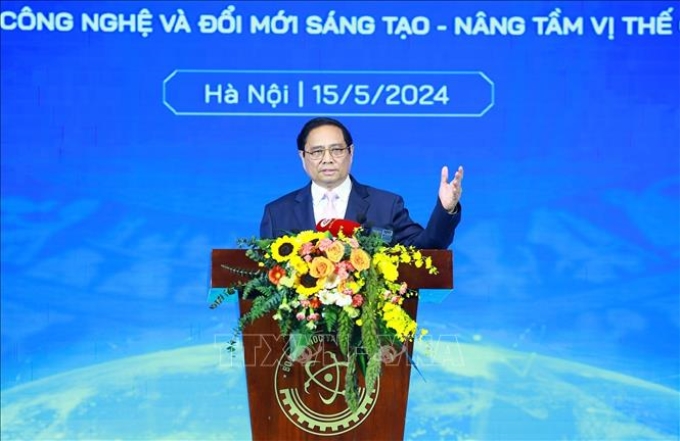 Thủ tướng Phạm Minh Chính phát biểu tại Lễ chào mừng Ngày Khoa học và Công nghệ Việt Nam. (Ảnh: TTXVN)