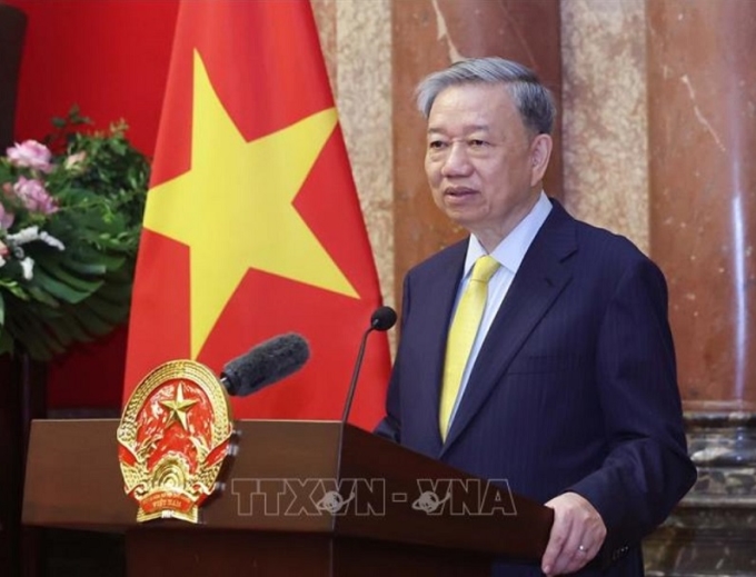 Đại tướng Tô Lâm, Ủy viên Bộ Chính trị, Chủ tịch nước phát biểu. (Ảnh: TTXVN)