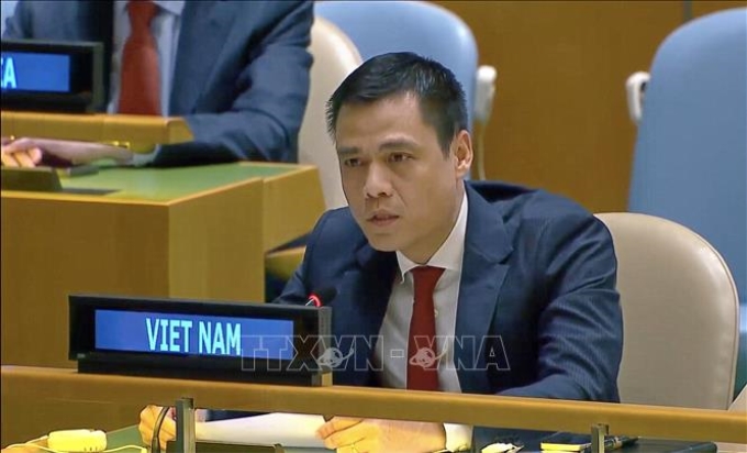 Đại sứ Đặng Hoàng Giang, Trưởng Phái đoàn thường trực Việt Nam tại LHQ phát biểu tại phiên thảo luận. (Ảnh: TTXVN)