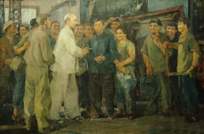 Bác Hồ với công nhân xe lửa Gia Lâm (Tranh: Phạm Lung, sáng tác năm 1969).