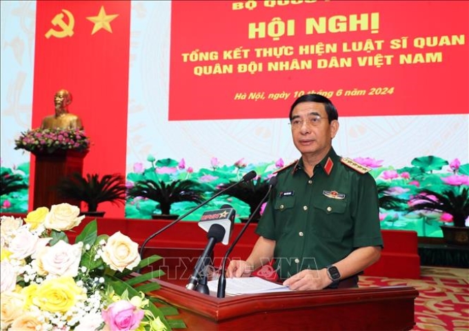 Đại trướng Phan Văn Giang, Ủy viên Bộ Chính trị, Bộ trưởng Bộ Quốc phòng phát biểu. (Ảnh: TTXVN)