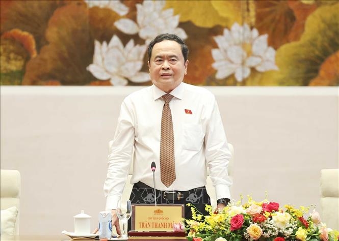 Chủ tịch Quốc hội Trần Thanh Mẫn phát biểu tại buổi gặp mặt lãnh đạo các cơ quan báo chí nhân kỳ họp thứ 7, Quốc hội khoá XV. Ảnh: Thống Nhất/TTXVN
