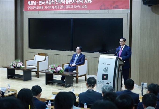 Thủ tướng Phạm Minh Chính phát biểu về chính sách của Việt Nam tại Đại học Quốc gia Seoul. (Ảnh: TTXVN)