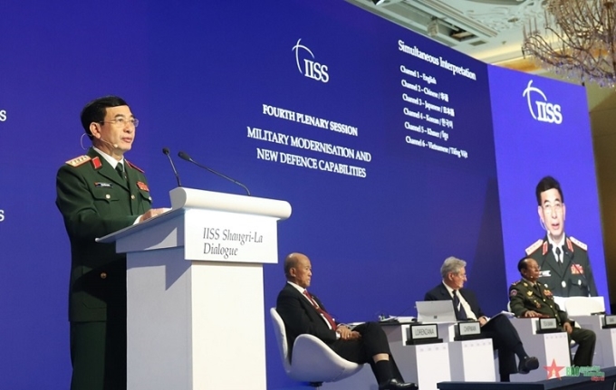 Đại tướng Phan Văn Giang phát biểu tại Đối thoại Shangri-La 19 tại Singapore ngày 11/6/2022. (Ảnh minh họa: qdnd.vn)