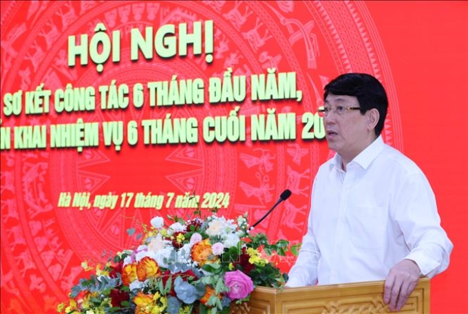 Đồng chí Lương Cường, Ủy viên Bộ Chính trị, Thường trực Ban Bí thư, Trưởng Ban Chỉ đạo 35 Trung ương phát biểu kết luận Hội nghị. (Ảnh: TTXVN)